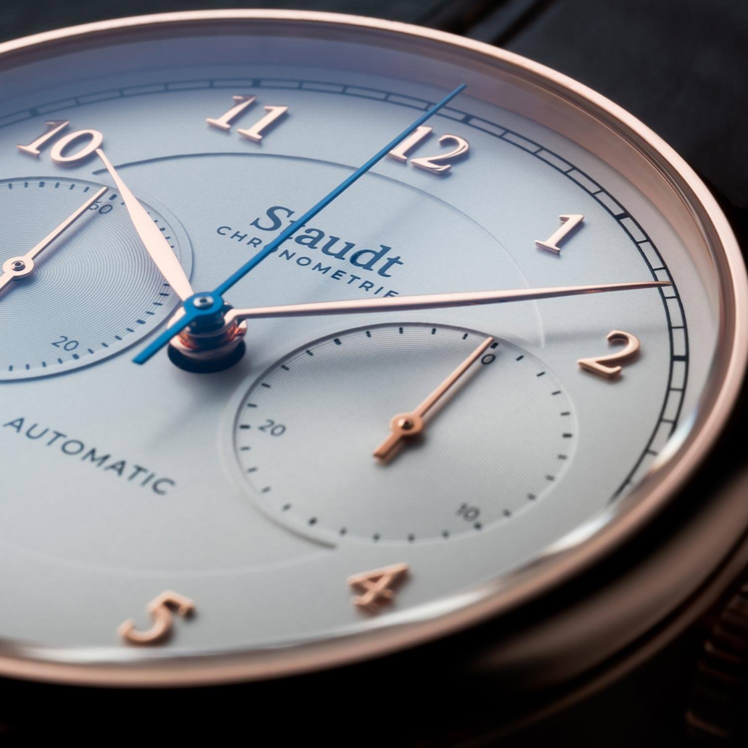 Staudt Prelude gold gold chronograph mechanical swiss made watch close up